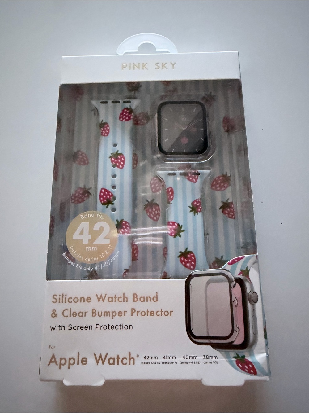 Pink Sky Strawberry Silicone Apple Watch Band & Clear Bumper Protector – 42mm